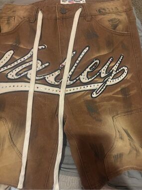 Men's Rust Brown Jean Shorts with Embellished Script